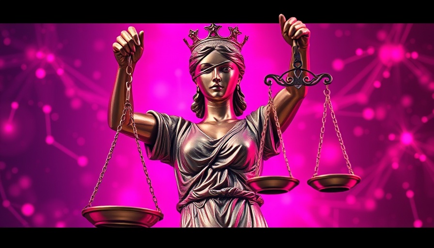 Lady Justice statue with futuristic AI text in US-Urheberrecht context.