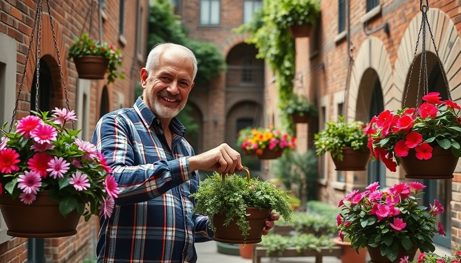 Man watering flower baskets in Bad Oldesloe courtyard
