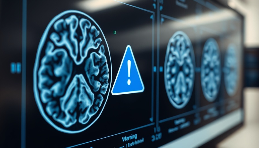 MRI brain scans with warning icon, clinical analysis context.