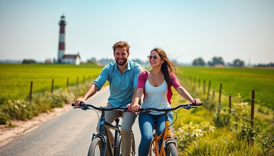 Young couple biking in Schleswig-Holstein near a lighthouse.