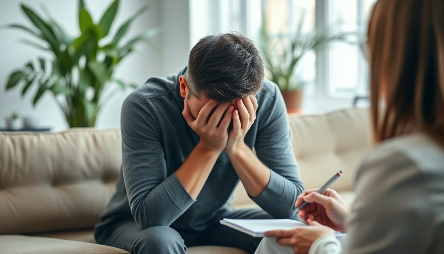 Stressed male in therapy session, Seele den Körper krank machen.