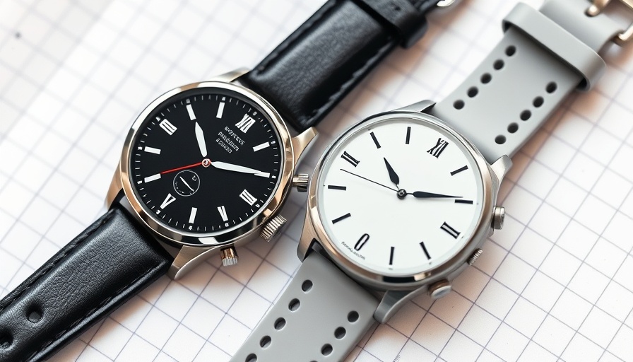 Two sleek smartwatches showcasing different styles on graph paper.