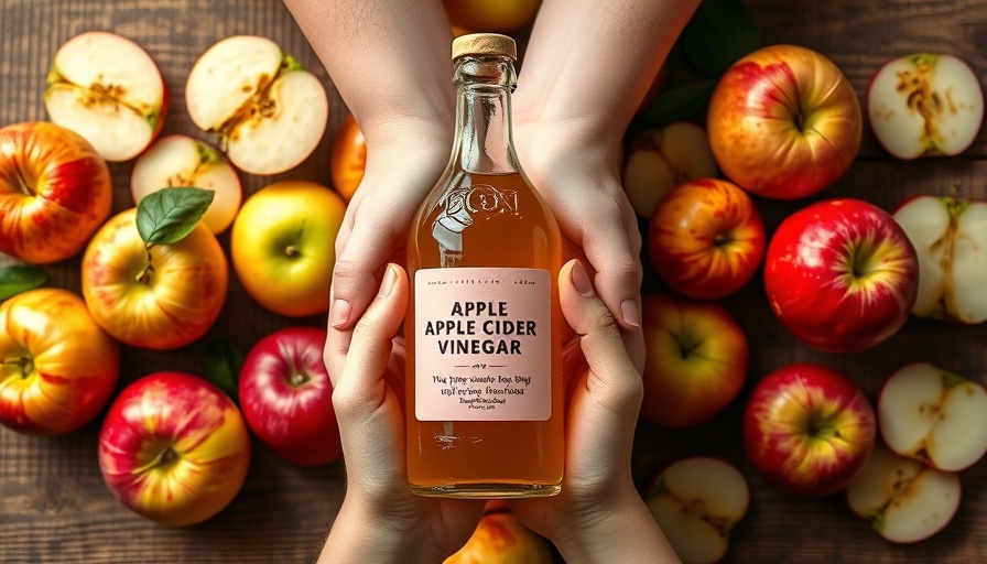 Hands holding apple cider vinegar with fresh apples, promoting daily health