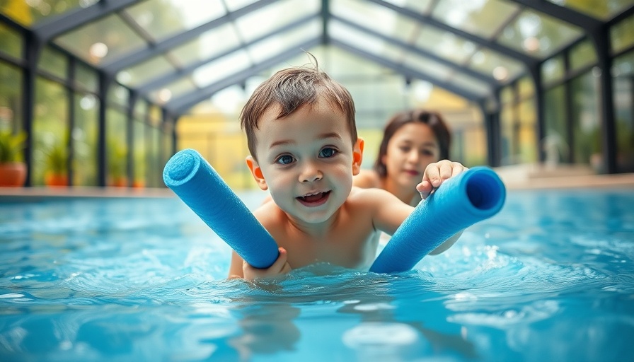 Child learning to swim with foam noodles in Ahrensburg pool.