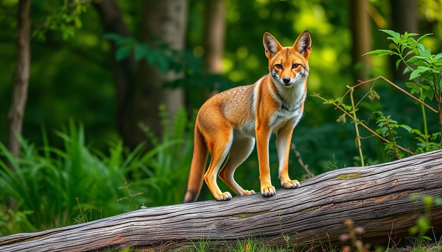 Alert golden jackal standing on a log amidst greenery.