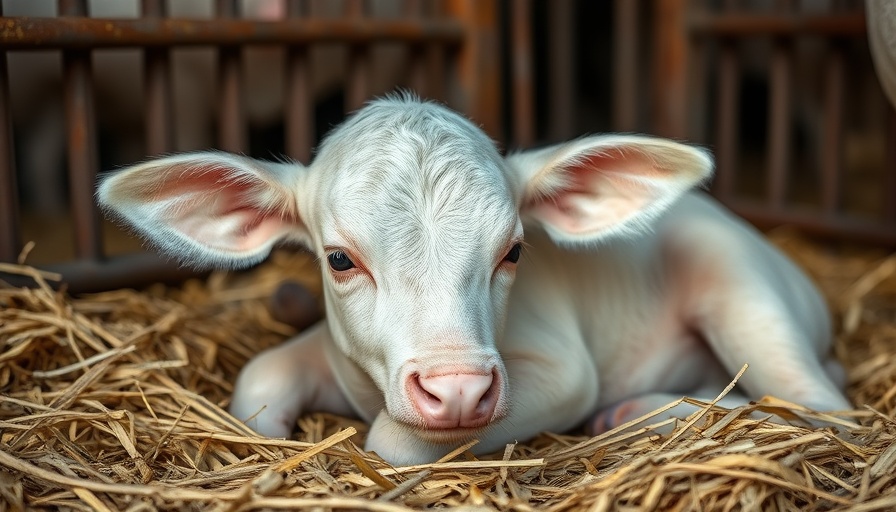 Albino-Wasserbüffelkalb Wolke resting in straw in a barn setting.
