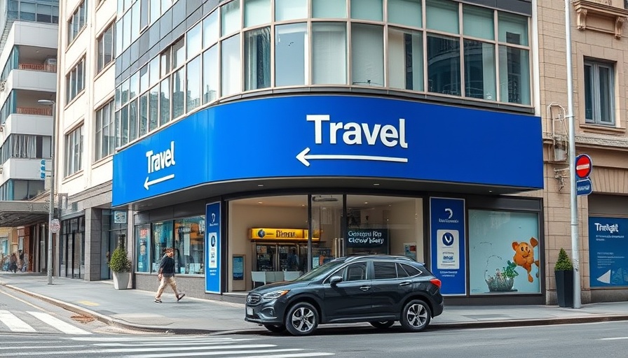 Street view of travel agency with signage, Mallorca protest reference.