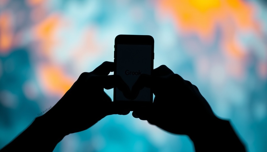 Silhouetted hands with smartphone showing 'Grok' logo.