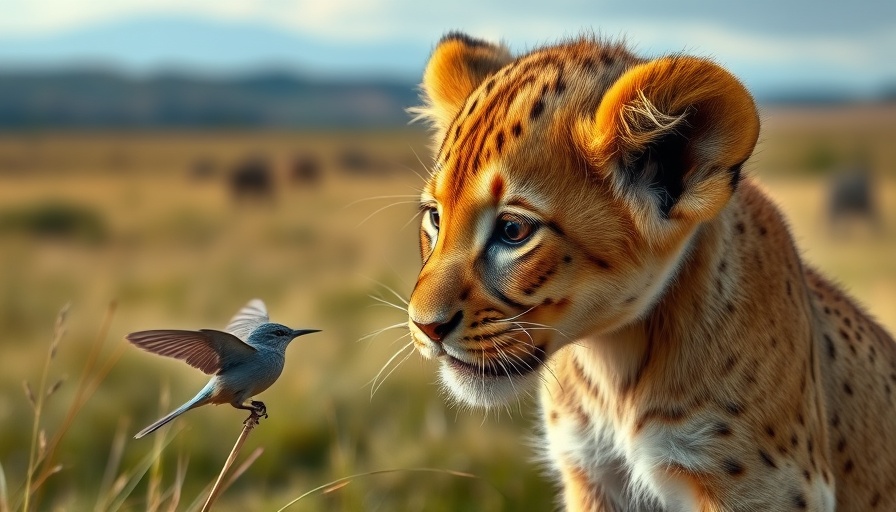 Young lion cub and bird in African savannah, 90er-Kultfilme Fortsetzungen theme.