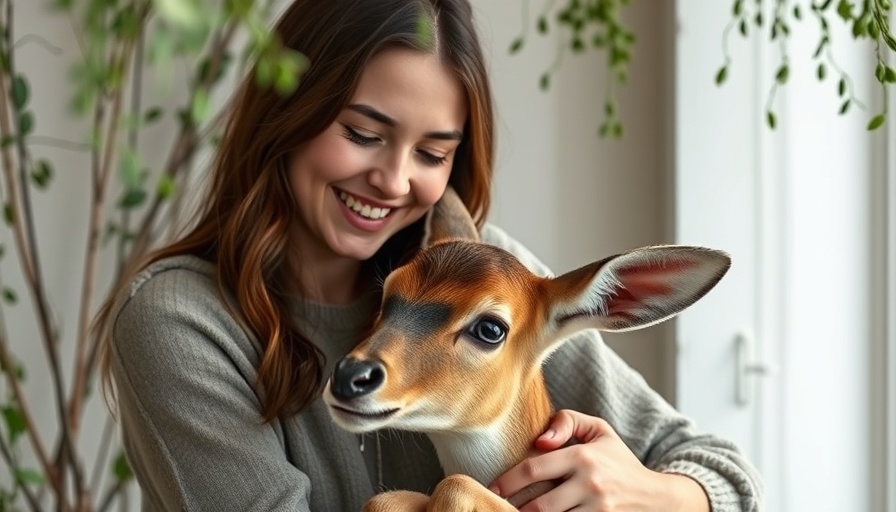 Umgang mit Kitz im Freien: Young woman holding a fawn indoors.