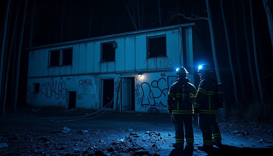 Vandalismus in Stormarn: Firefighters inspect graffiti on abandoned building at night.