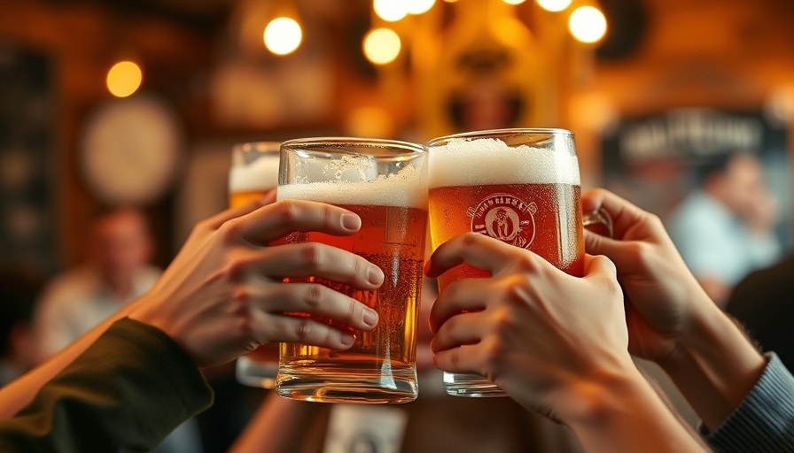 Celebratory toast with five frosty beer mugs, Fünf Biere pro Tag.