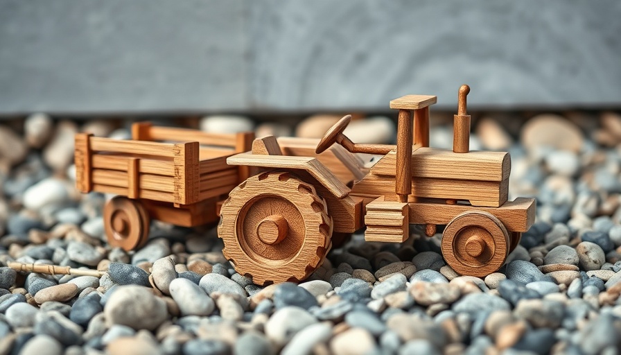 Neuer Kommunaltraktor aus Holz auf Kiesfläche
