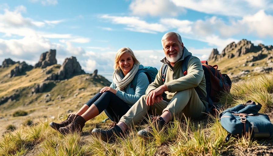 Der Salzpfad Film: Couple sitting on grassy hillside with hiking gear.
