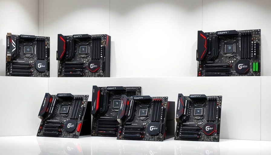 Display of various Gigabyte motherboards in a modern studio setting.