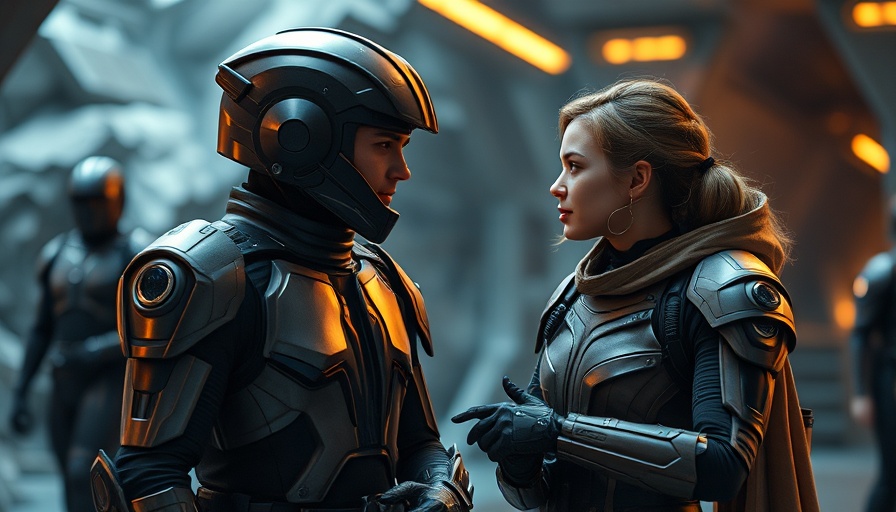 Futuristic scene from Star Trek Strange New Worlds Staffel 3 showing two individuals in elaborate costumes.