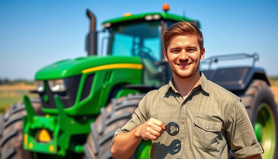 Kühlwasser im Traktor: smiling man with tractor in field.