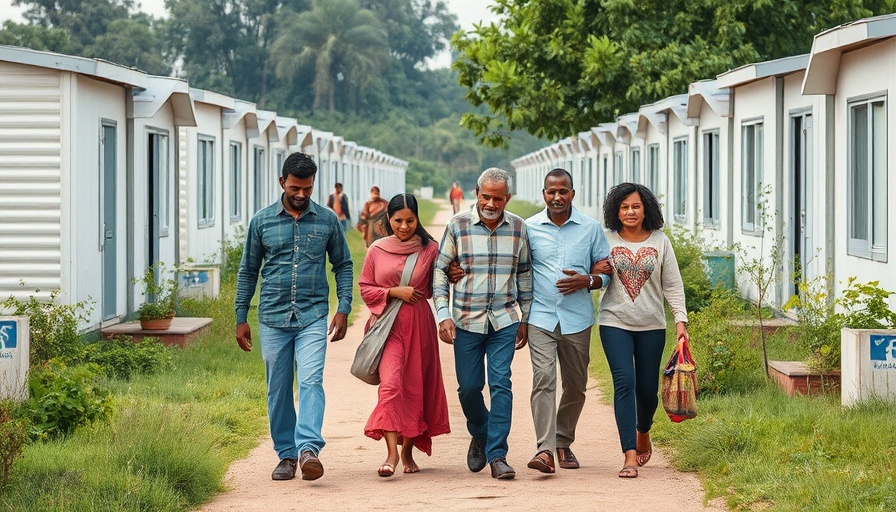 Family walking in refugee camp in Schleswig-Holstein with housing units.