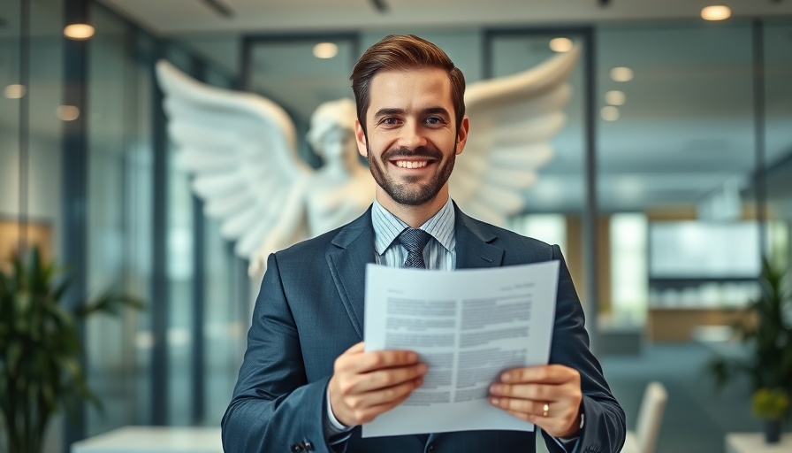 Man in suit with document, angel statue in office backdrop.