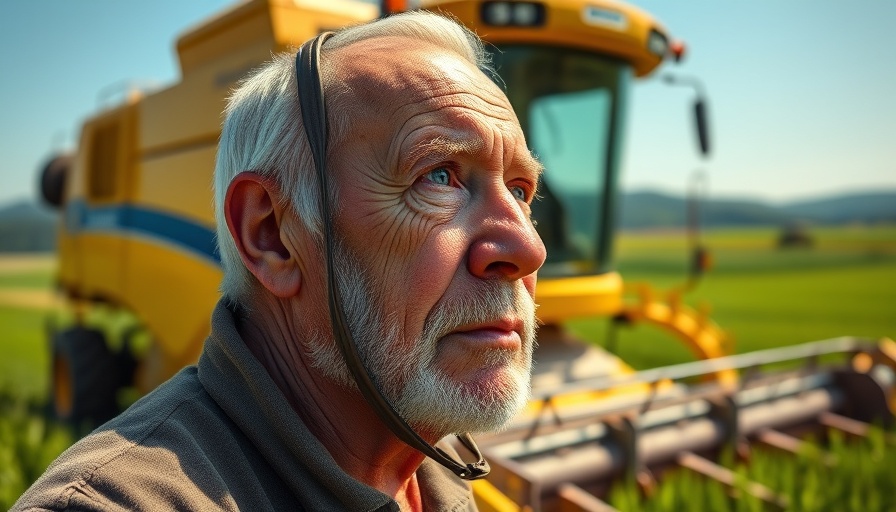 Older man thoughtfully watching a combine harvester in barley field.