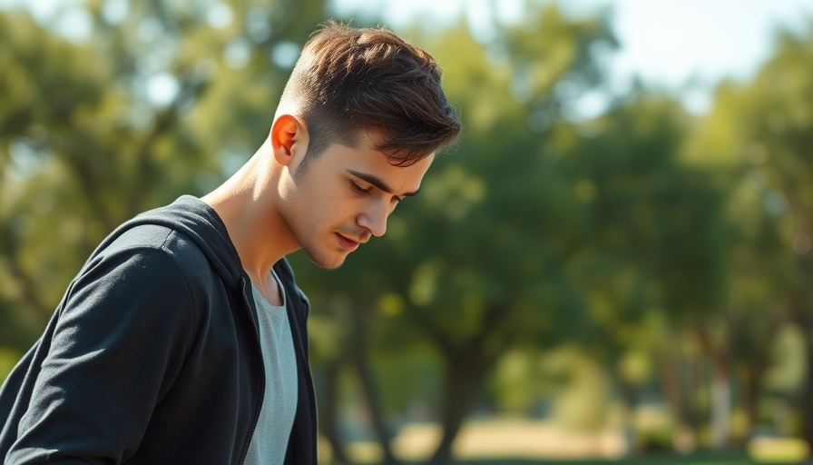 Young man in sunlight, outdoors looking downward, with natural background.