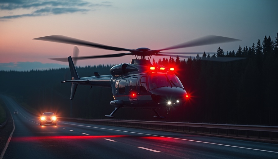 Helicopter landing on highway during Schwerer Unfall Bad Oldesloe at dusk.