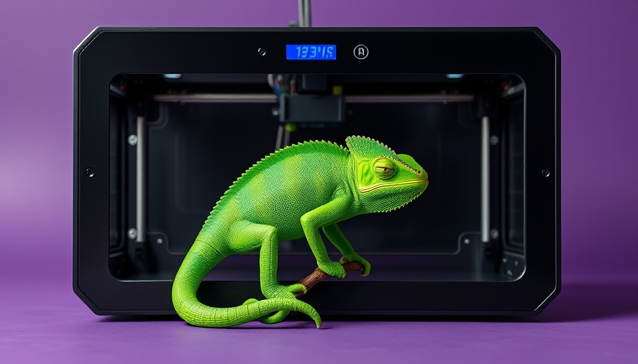 Anycubic Kobra 3 3D-Drucker displaying a 3D-printed chameleon on purple background.