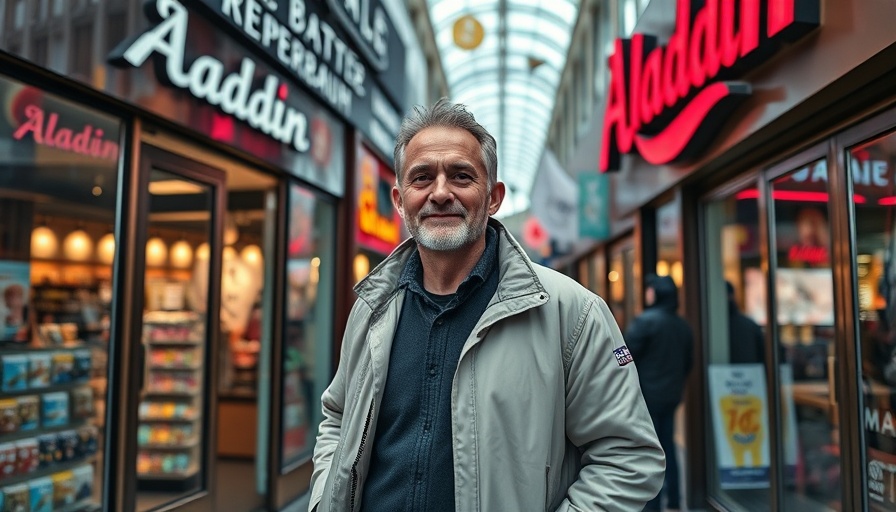 Man outside Aladdin Center Hamburg Reeperbahn, relaxed, urban setting.