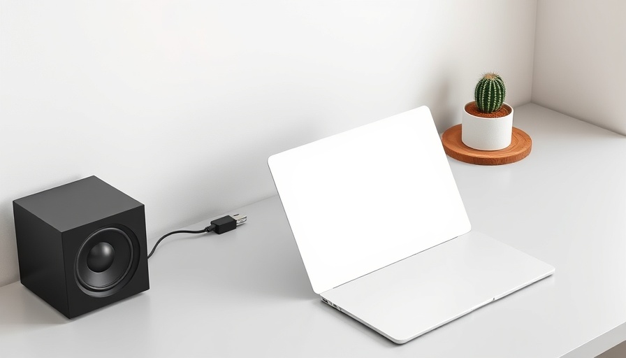 Minimalist PC-Lautsprecher setup with laptop and speakers.