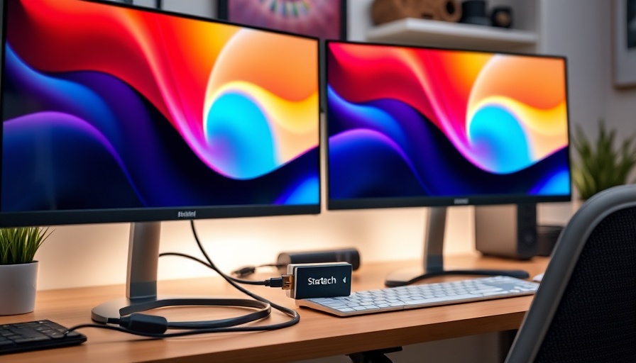 Dual monitor setup with Startech HDMI adapter in sleek office.