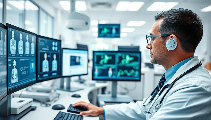 Doctor reviews elektronische Patientenakte in modern medical office.