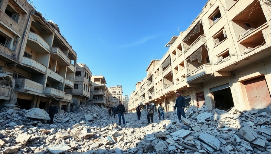 Reporter in Gaza drohen zu verhungern in urban ruins with blue sky backdrop.