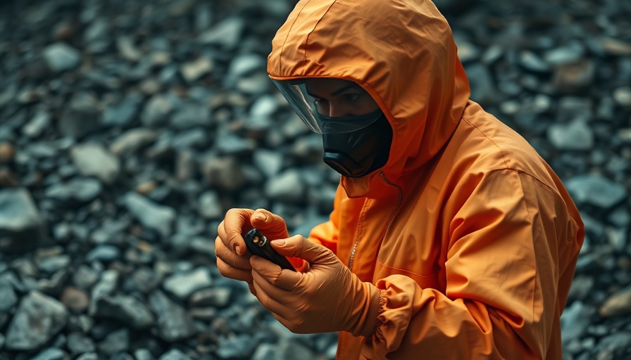 Bombenbagger in hazmat suit examining suspicious object.
