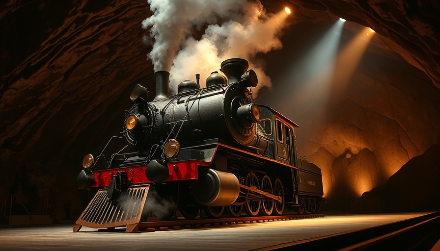 Dramatic locomotive on stage with smoke and fire in rocky setting.