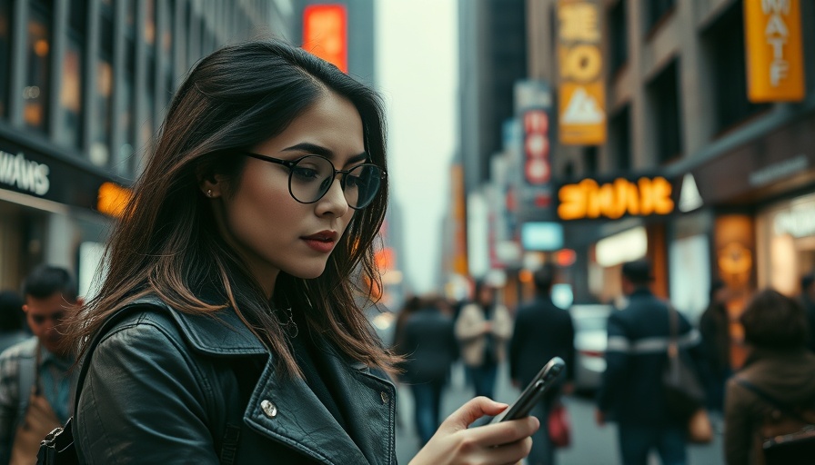 Futuristic surveillance theme with woman on city street, WLAN Identifikation ohne Gadgets.