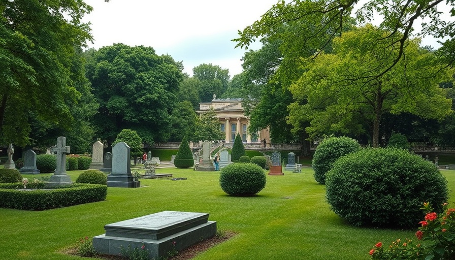 Serene green cemetery with tombstones and trees.