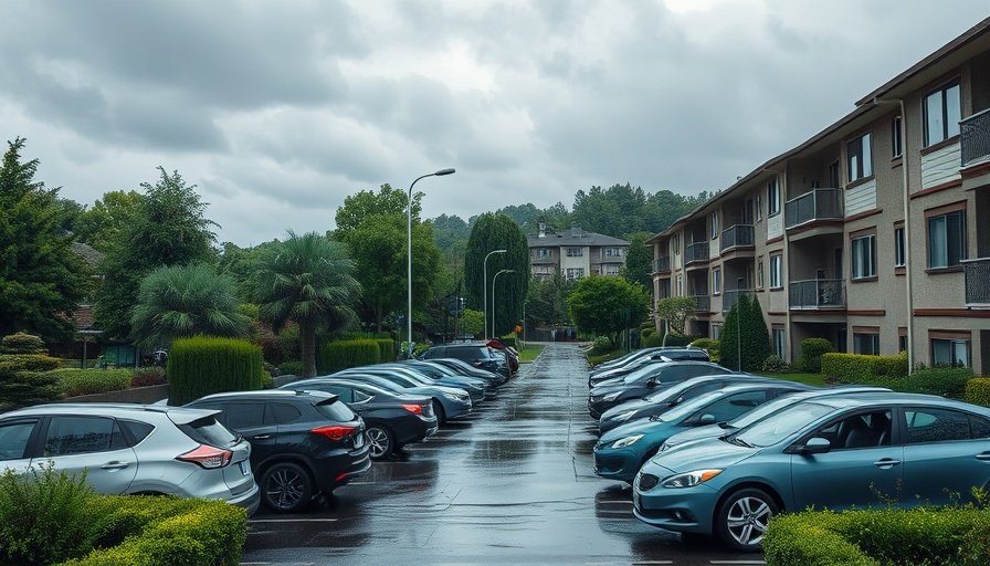 Rainy urban area with cars and apartment buildings