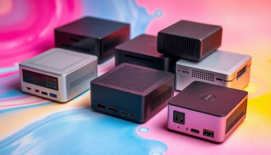 Assorted affordable Mini-PCs with Windows 11 on colorful backdrop