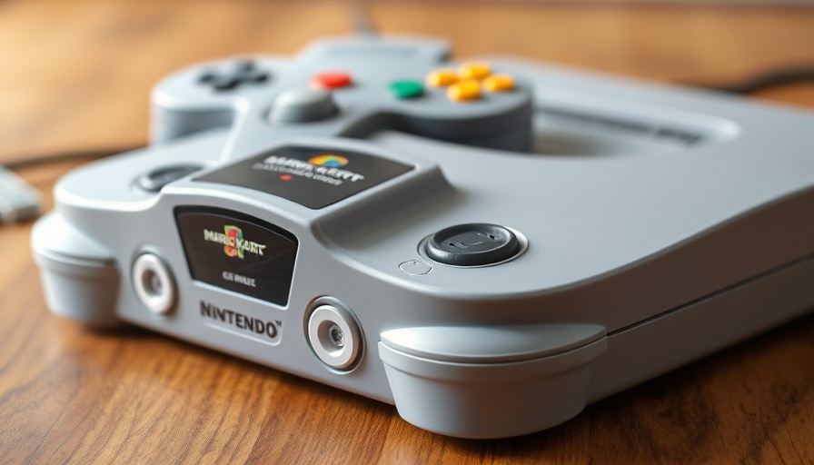 Close-up shot of Nintendo 64 with Mario Kart 64, highlighting console design.