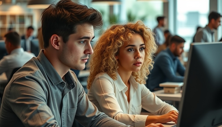 Carrie und Aidan at computer in a busy office scene, focused and engaged.