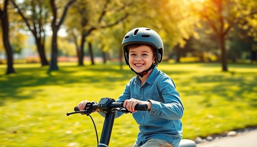 Junger Junge fährt lächelnd auf einem E-Scooter im Park