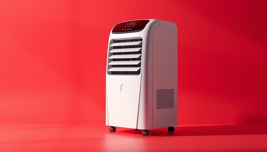 Beste mobile Klimaanlage im Test in modern design against red background.