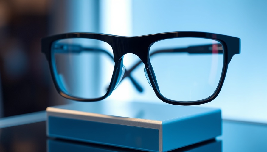 Sleek Quark AI Glasses with a futuristic design on a display stand.