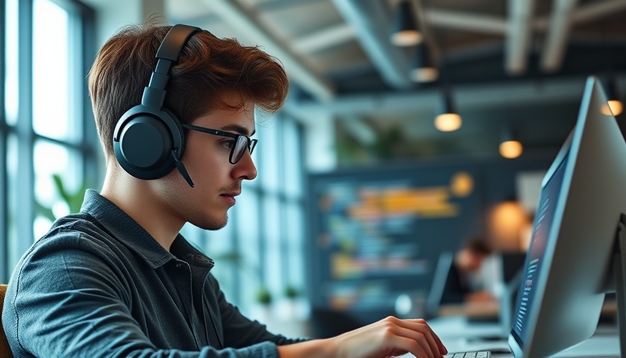 Mann mit Kopfhörern programmiert im Büro, KI im Bewerbungsgespräch.