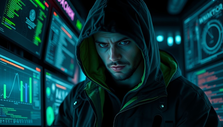 Hacker infiltrating Russian messages in a dim tech room.