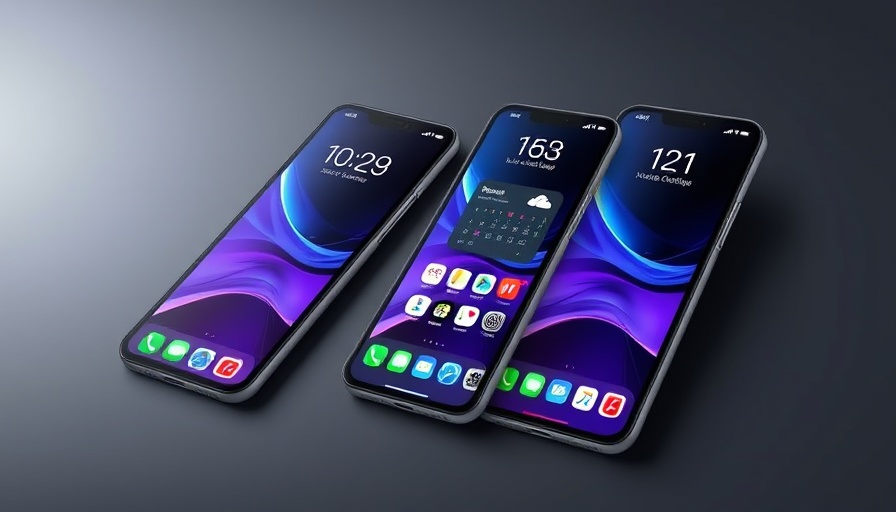 iOS 26 Beta Liquid Glass interface on three futuristic smartphones.