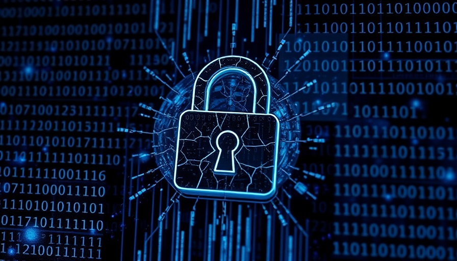 Data security breach with cracked digital lock and binary code.