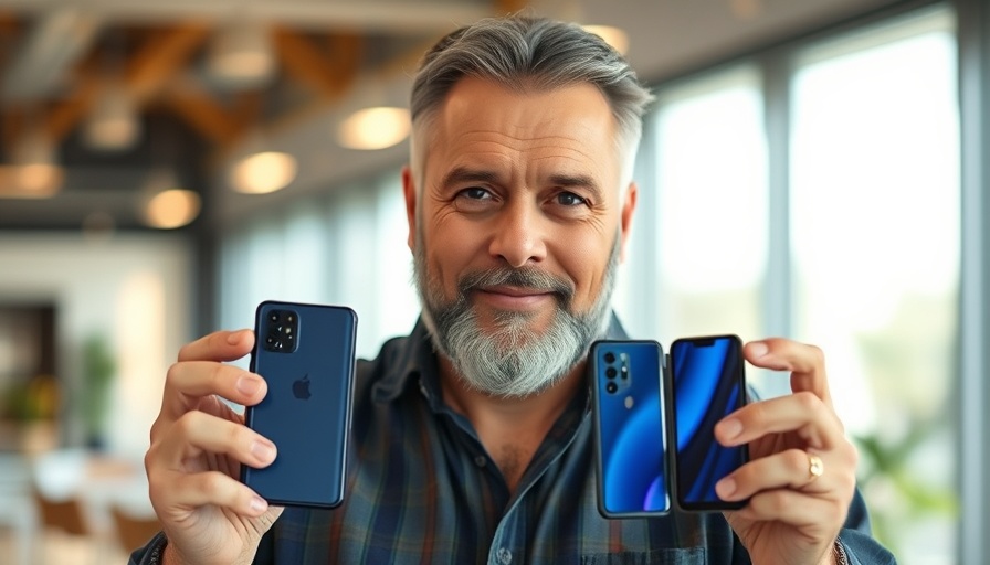 Man displaying various foldable smartphones indoors.