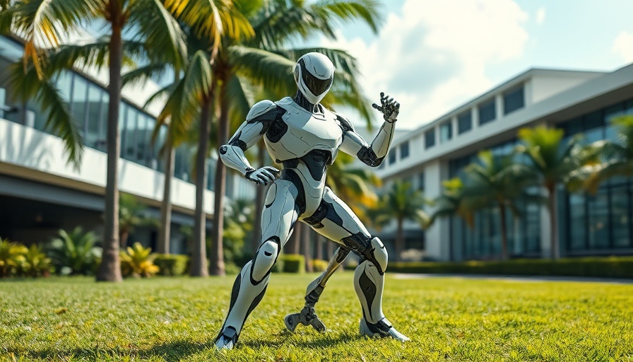 Humanoider Roboter Unitree R1 posing in a lush outdoor setting.