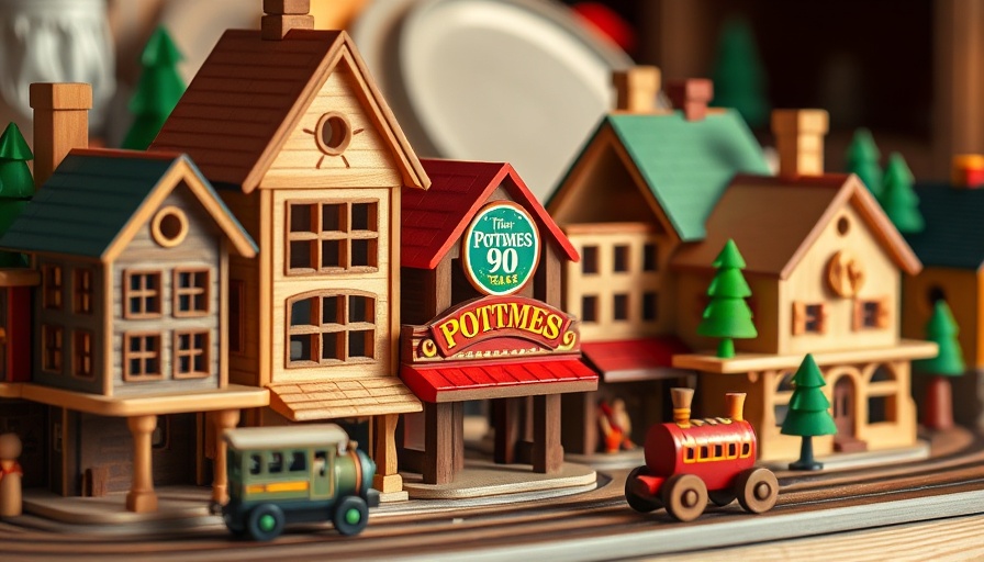 Loquai Holzspielzeuge wooden toy town scene with train, celebrating 90 years.